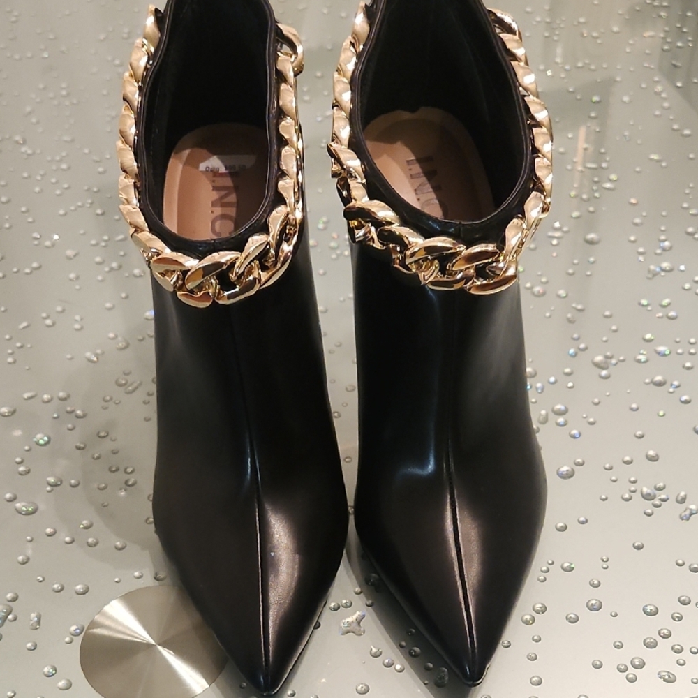 Elegant INC Black Ankle Boots with Gold Chain .New